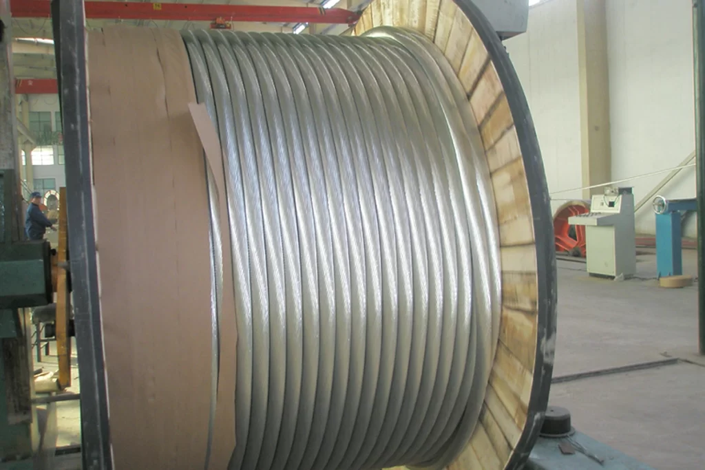 Overhead conductor being wound onto a cable drum during production