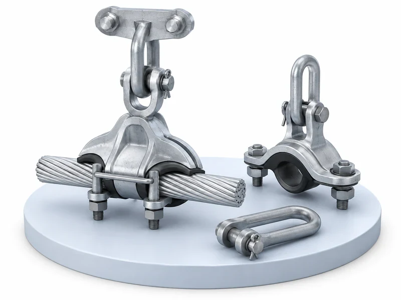 Overhead conductor suspension clamps, support fittings and attachment links