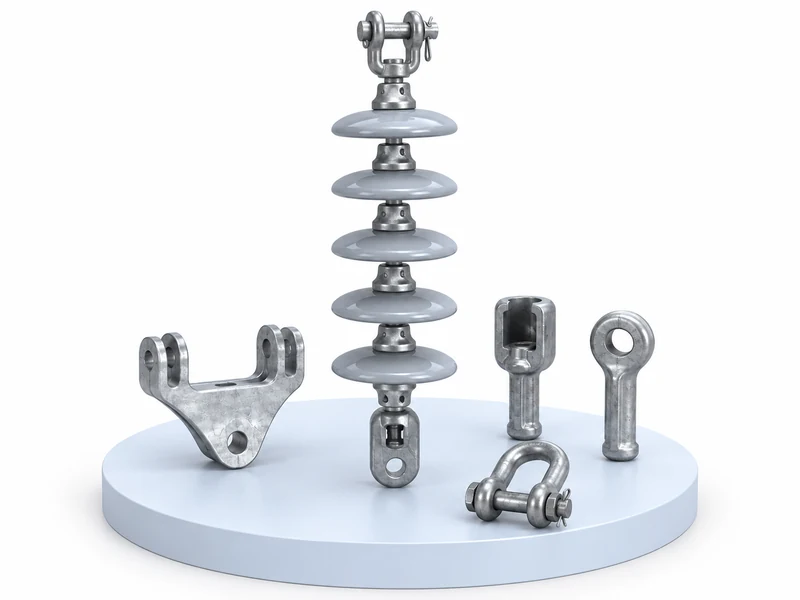 Overhead conductor insulator string with yoke plate, clevis and link fittings