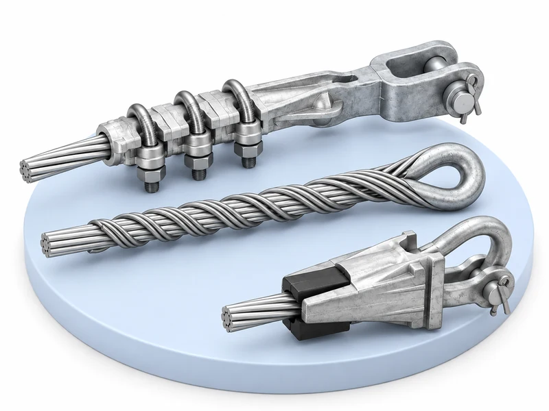 Overhead conductor tension clamps, preformed dead-end grip and strain fittings