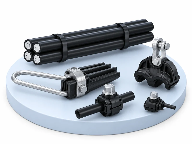 LV aerial bundled cable with anchoring clamp, suspension clamp and piercing connectors