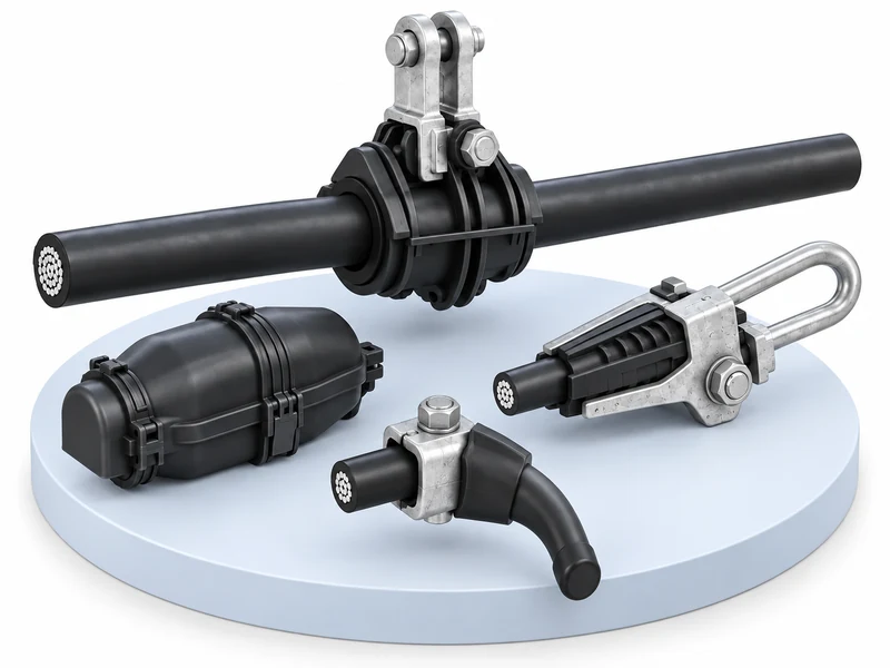 MV covered conductor with suspension clamp, dead-end clamp and protective accessories