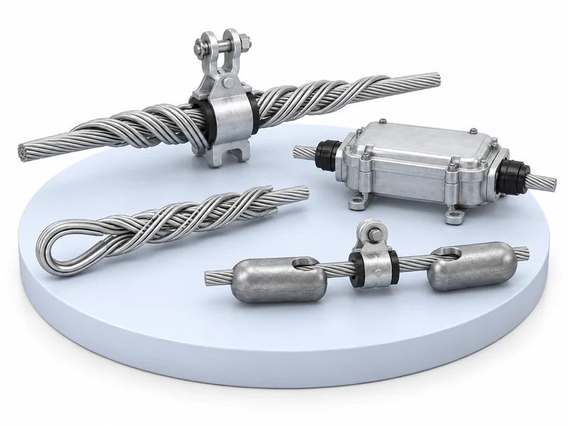 OPGW suspension clamp, dead-end grip, vibration damper and optical splice closure