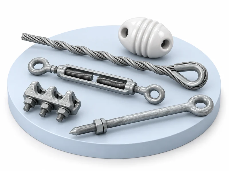 Guy wire with strain insulator, thimble eye, turnbuckle, guy clamp and anchor rod