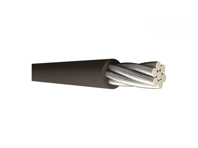 Covered line wire with stranded aluminium conductor and black polymeric covering for overhead distribution