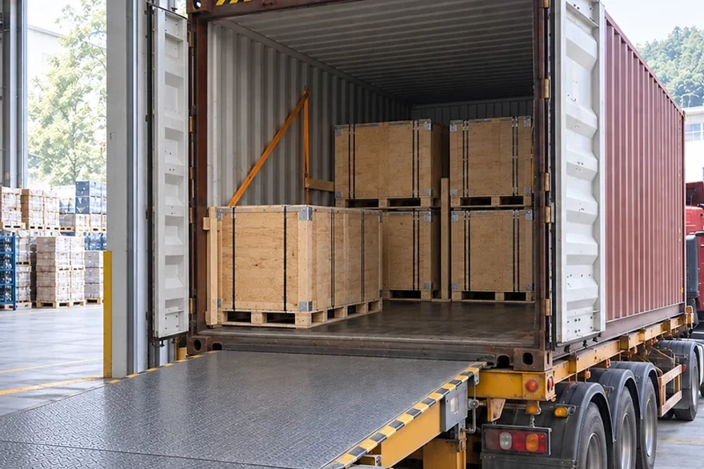 Wooden crates of electrical hardware loaded for container shipment