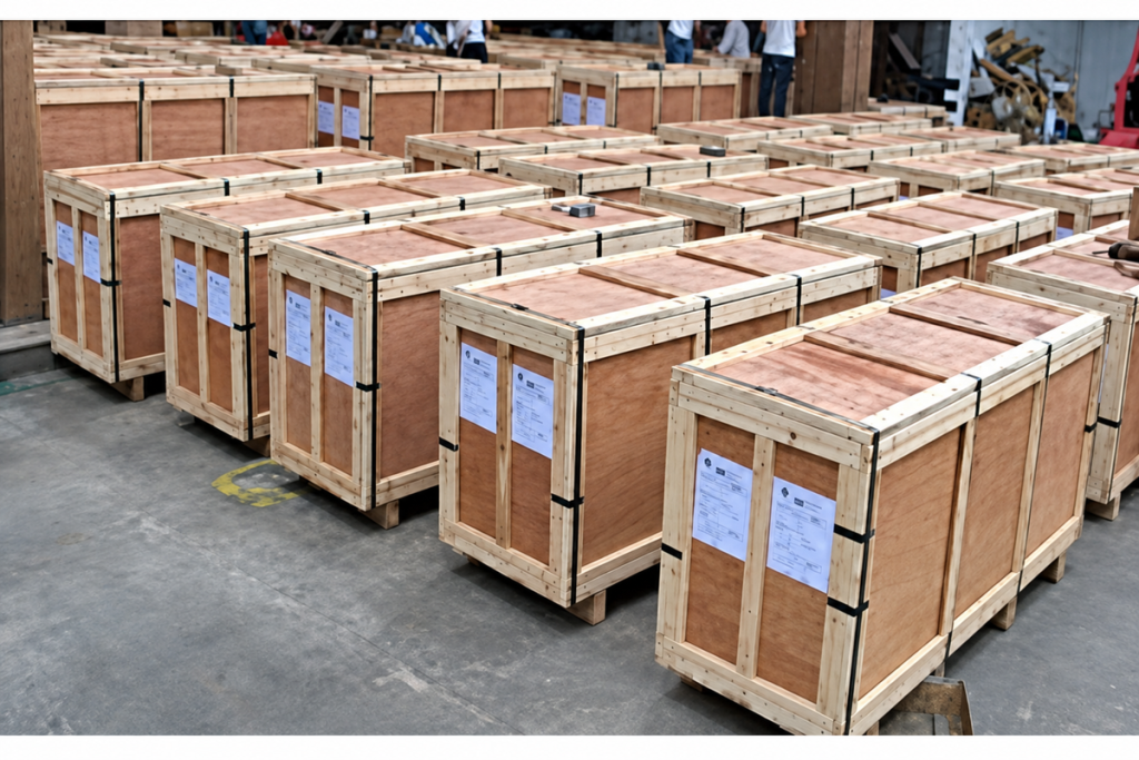 hardware packed in wooden crates for export shipment