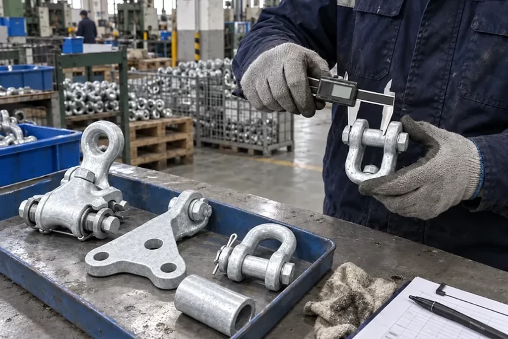 Dimensional inspection of galvanized overhead line hardware