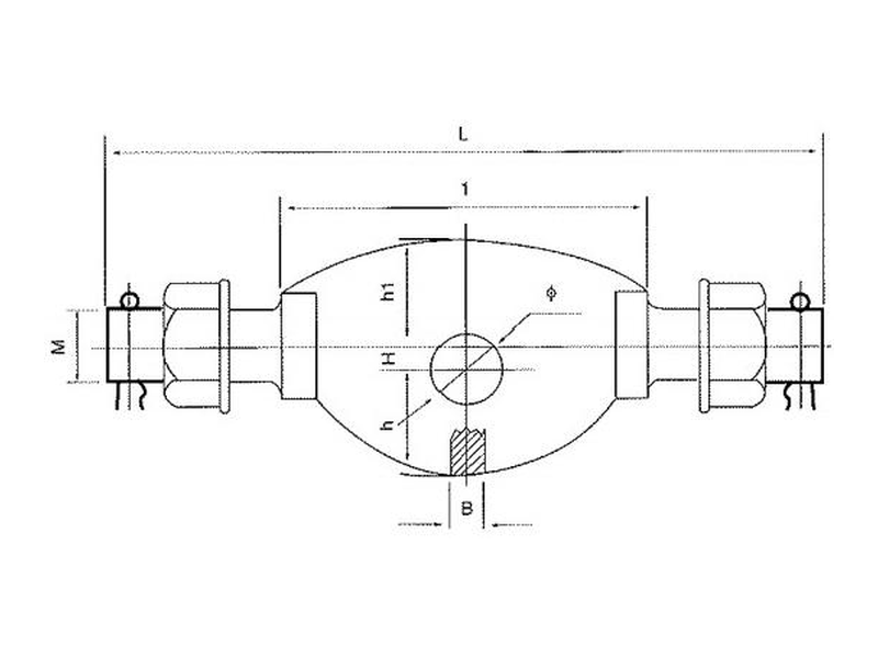 GD link fitting dimensioned drawing showing central eye, transverse width and bolted connection positions