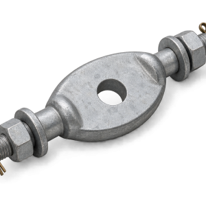 GD link fitting with central eye and transverse bolted connections for overhead line hardware