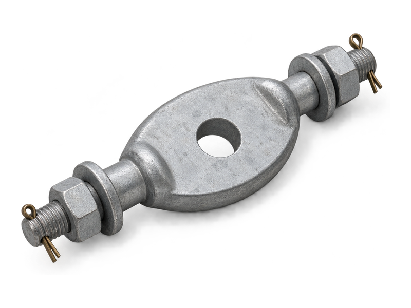 GD link fitting with central eye and transverse bolted connections for overhead line hardware