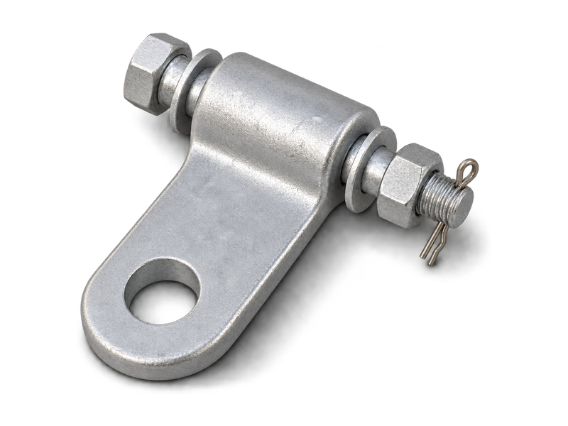 LT and EB tower attachment fitting with upper bolted connection and lower eye for insulator strings